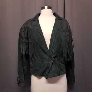 Vintage 90s y2k Boho Hippie Fringe Black‎ Leather Cropped Bolero Western Coat Md
